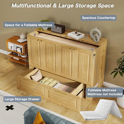 Jotirxe Full Murphy Bed Cabinet: Oak Cabinet Bed with Charging Station, Cube Murphy Beds with Drawers, Modern Hidden Beds for Small Spaces, Guest Room and Office Jotirxe