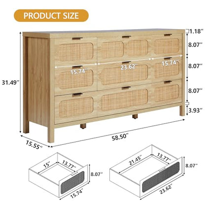 LEVNARY 9 Drawer Dresser for Bedroom, Rattan Dressers & Chest of Drawers, Large 58" Long Dressers Wooden Storage Organizer Dresser for Closet, Entryway, Living Room (Natural) - WoodArtSupply