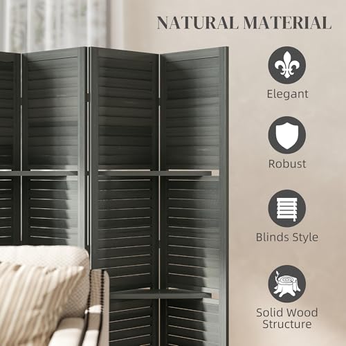 HOMCOM Room Divider, 6 Panel 67" Tall Wood Privacy Screen with 3 Display Shelves, and Folding Storage for Bedroom or Home Office, Gray HOMCOM