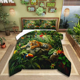 3D Tiger Comforter Set Queen Size,Monkey Parrot Wild Animals Bedding Set,Tropical Palm Tree Jungle Quilt Set for Kids Boys Girls Adult Bedroom Decor,Nature Wildlife Theme Duvet Insert,2 Pillowcases Castle Fairy