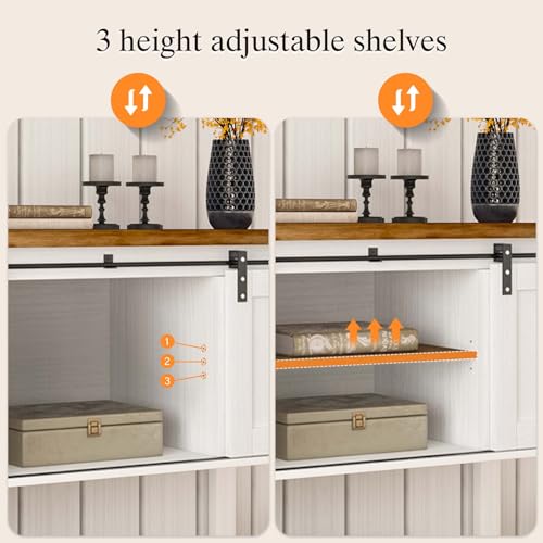Farmhouse Coffee Bar Cabinet with Sliding Barn Doors and Storage - 47'' White Coffee Table with Open Shelf for Living Room 4ever2buy