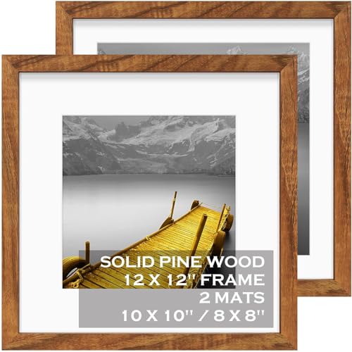 12x12 Picture Frames Solid Wood Display Pictures 10x10 or 8x8 with Mat or 12x12 without Mat - Each 12x12 Inch Square Photo Frames with 2 Mats Wooden