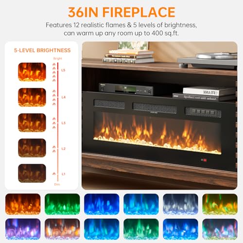 Breezestival 36" Electric Fireplace TV Stand for 80" TVs, Mid Century Modern Walnut Console with LED Lights & Sliding Doors Breezestival