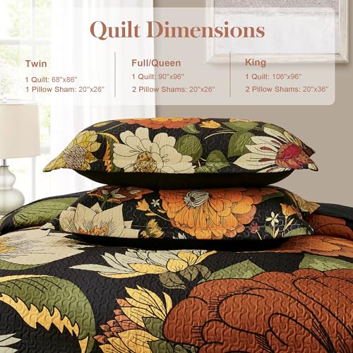 Tyrot 3 Piece Black Boho Floral Full/Queen Quilt Sets Reversible Farmhouse Botanical Lightweight Bedspread Coverlet with 2 Shams Mid Century Microfiber Bedding Quilts Set for All Season,90''x96'' Tyrot