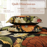 Tyrot 3 Piece Black Boho Floral Full/Queen Quilt Sets Reversible Farmhouse Botanical Lightweight Bedspread Coverlet with 2 Shams Mid Century Microfiber Bedding Quilts Set for All Season,90''x96'' Tyrot