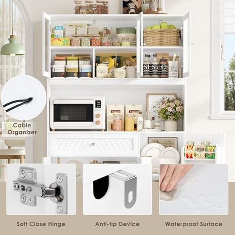 BOTLOG 72” Tall Kitchen Pantry Storage Cabinet, Modern White Kitchen Hutch with Large Storage Drawer, Countertop, Adjustable Shelves, Food Pantry Cabinets for Dining Room, Living Room BOTLOG