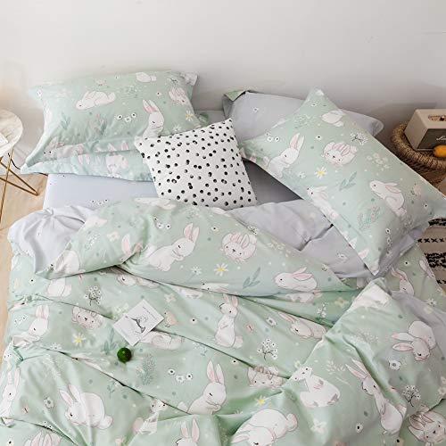 BlueBlue Rabbit Kids Duvet Cover Set, 100% Cotton Bedding for Boys Girls Teens Single Bed, Cartoon White Rabbit Flower Pattern Print on Light Green, 1 Comforter Cover 2 Pillowcase (Twin, Cute Rabbit) BlueBlue