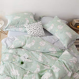 BlueBlue Rabbit Kids Duvet Cover Set, 100% Cotton Bedding for Boys Girls Teens Single Bed, Cartoon White Rabbit Flower Pattern Print on Light Green, 1 Comforter Cover 2 Pillowcase (Twin, Cute Rabbit) BlueBlue