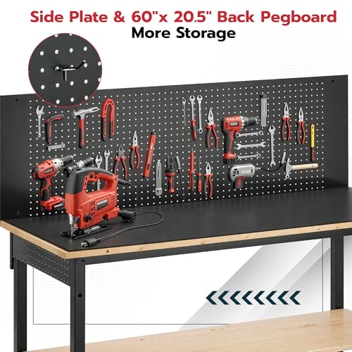 DNYKER 60" Adjustable Height Workbench, 3000 LBS Heavy Duty Work Table for Garage,Rubber Wood Workstation with USB Power Outlets/Wheels/Pegboard for Workshop, Office, Home DNYKER
