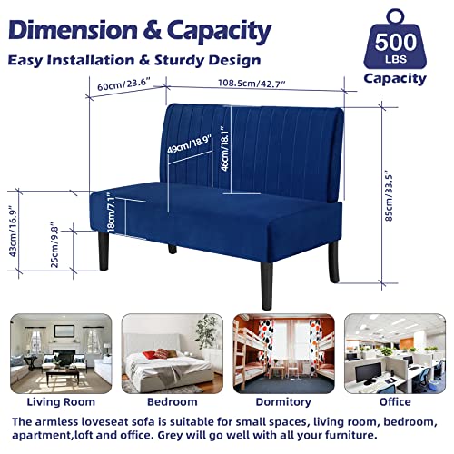 STHOUYN Mini Comfy Couch Armless Loveseat Sofa with USB Port, Velvet Couches for Small Spaces Living Room, Apartment Office Dorm (Navy Blue) STHOUYN