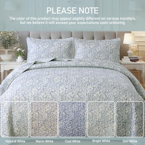 DURLENGEN Quilt Set California King Size 3Pcs,Bluish Grey Printed with Beige Leaves Pattern,Soft Microfiber Lightweight Bedspread for All Season Layering(112x104,Beige Botanical) DURLENGEN