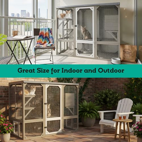 Large Catio Outdoor Cat Enclosure Window Access, Wooden Kitty Cage with Resting Room & 3 Platforms for Multiple Feral Cats, Cat House Attached to Window, Pet's Door for Patio Indoor Magazoopet