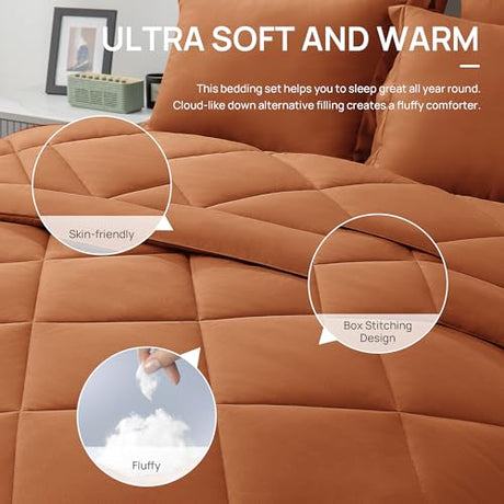 Love's cabin Twin Comforter Set Terracotta, 5 Pieces Twin Bed in a Bag, All Season Bedding Sets with 1 Comforter, 1 Flat Sheet, 1 Fitted Sheet, 1 Pillowcase and 1 Pillow Sham Love's cabin