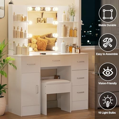 Teousev Vanity Desk with Mirror,Make up Vanity with 1 Stool 6 Drawers 6 Shelves & LED Mirror,3 Modes Light Adjustable,Vanity Desk for Bedroom,White,39.5" L*15.8" W*55.2" H. Teousev