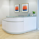 NBF L Shaped Modern Reception Desk with Counter - 79" W x 63" D Retail Checkout Counter - Curved Front Desk Reception Counter - Countertop Welcome Desk for Office Lobby Salon Store (White) nbf signature series