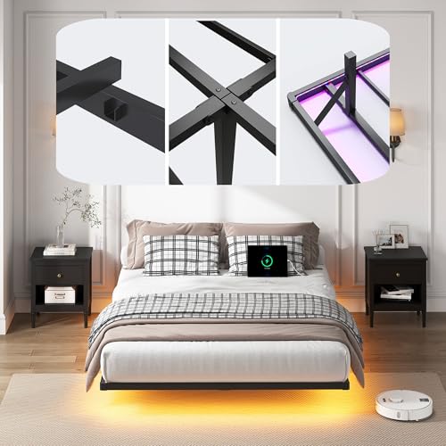 YORMDMO Floating Bed Frame Full Size, Heavy Duty Bedframe with Smart LED Lights & Charging Station, Modern Metal Platform Bed, Easy Assembly No Box Spring Needed, 8 Inch YORMDMO