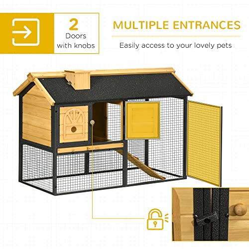 PawHut 47" Wooden Rabbit Hutch Outdoor with Run, Metal Frame, 2-Story Bunny Rabbit Cage with Removable Tray, Ramp, Bunny Hutch with Space-Saving Design