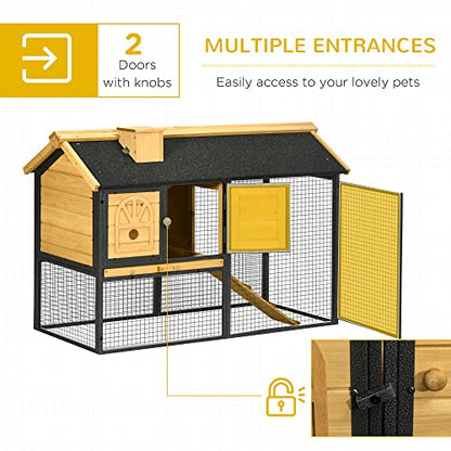 PawHut 47" Wooden Rabbit Hutch Outdoor with Run, Metal Frame, 2-Story Bunny Rabbit Cage with Removable Tray, Ramp, Bunny Hutch with Space-Saving Design