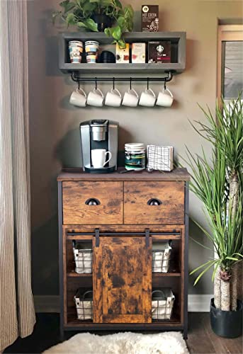 MAISON ARTS Industrial Coffee Bar Cabinet - Sideboard Buffet with 2 Drawers&Sliding Barn Door, Storage Cabinet for Kitchen Dining Room Living Room - WoodArtSupply