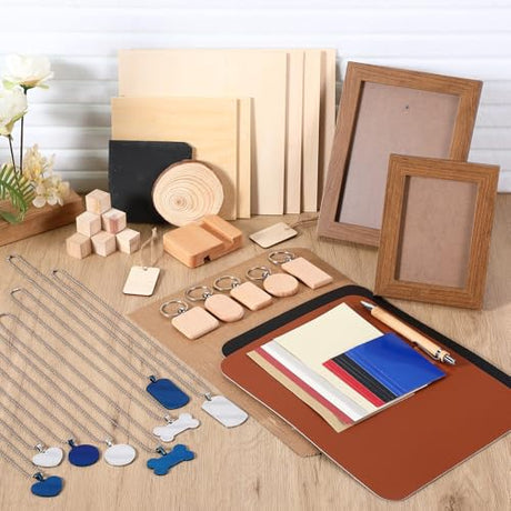 Tondiamo 118 Pcs Laser Material Engraving Explore Kit Laser Engraving Blanks Set Including Acrylic, Wood, Metal, PU Leather, Rock Materials for Laser Engraver Crafting Tondiamo