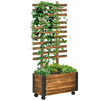 Outsunny Raised Garden Bed with Trellis, 58" Outdoor Wooden Planter Box with Wheels, for Vine Plants Flowers Climbing and Planting, Brown - WoodArtSupply