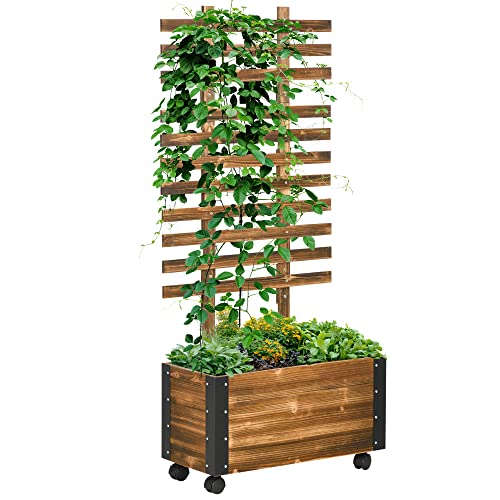 Outsunny Raised Garden Bed with Trellis, 58" Outdoor Wooden Planter Box with Wheels, for Vine Plants Flowers Climbing and Planting, Brown