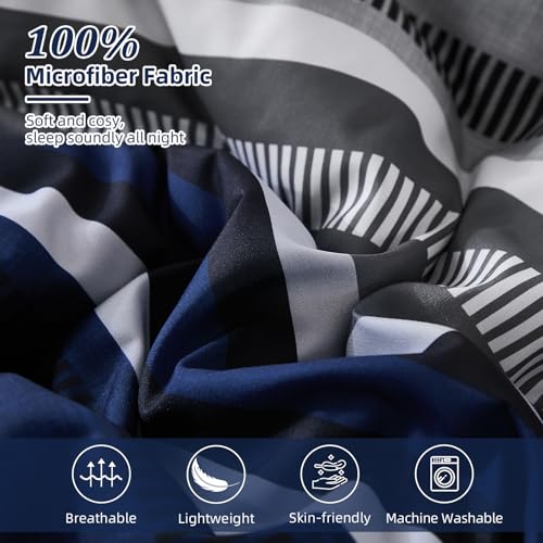 Dobuyly Navy Blue Queen Comforter Set 7 Pieces, Boho Striped Bed in a Bag Queen Size Soft Microfiber All Season Bedding Set with Comforter, Sheets, Pillowcases & Shams Dobuyly