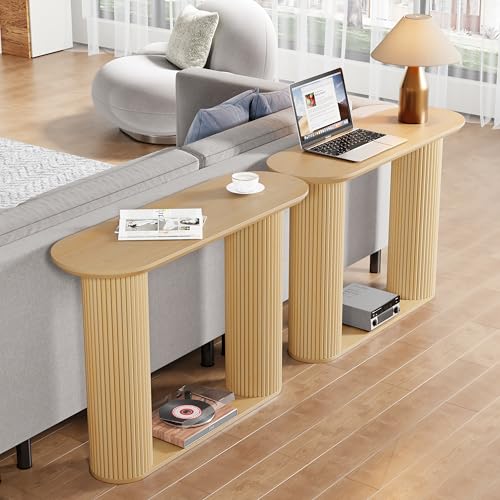 AVZEAR Fluted Entryway Console Table with Storage Shelf, Oval Curved Couch Table Behind Sofa Modern Boho Console Tables Long and Skinny for Living Room Hallway Entrance Foyer, Nature Color AVZEAR