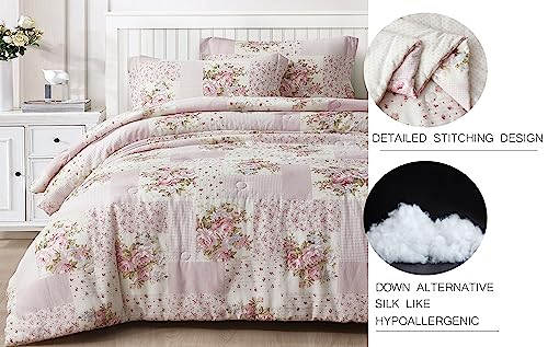 Chezmoi Collection Rosy 3-Piece Full Size Washed Cotton Comforter Set - Floral Bedding Set Ivory Green Pink Flower Polka Dot Printed Patchwork Reversible Lightweight Comforter for All Season Chezmoi Collection