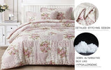 Chezmoi Collection Rosy 3-Piece Full Size Washed Cotton Comforter Set - Floral Bedding Set Ivory Green Pink Flower Polka Dot Printed Patchwork Reversible Lightweight Comforter for All Season Chezmoi Collection