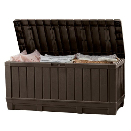 Keter Kentwood 92 Gallon Resin Deck Box-Organization and Storage for Patio Furniture Outdoor Cushions, Throw Pillows, Garden Tools and Pool Floats, Brown Keter