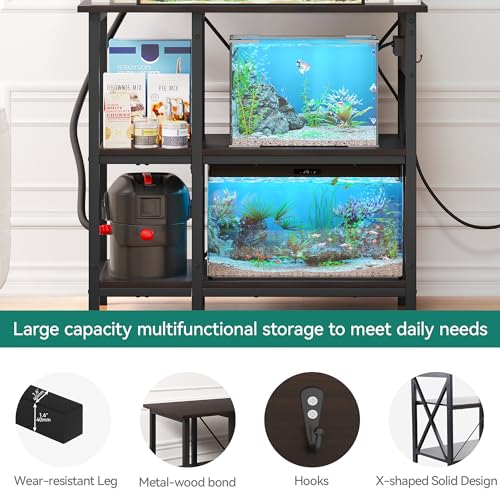 YITAHOME 10-29-37 Gallon Fish Tank Stand with Power Outlet, 30x16 Inch Metal Aquarium Stand with 3-Tier Adjustable Storage Shelves and Hooks, 450LBS Capacity,Black - WoodArtSupply