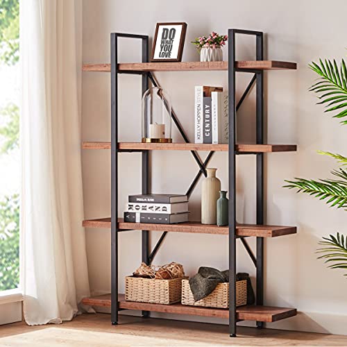 HSH Rustic 4-Tier Natural Wood Bookshelf with Industrial Metal Frame - Distressed Brown Etagere for Home and Office Storage - WoodArtSupply