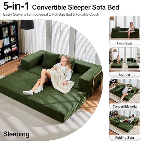 SEQAVRW 79" Boneless Sofa Bed, 5-in-1 No-Assembly Convertible Sleeper Couch with Fixed Frame Armrests, Modular Corduroy Futon, Compressed in a Box for Space Saving (Green, Includes 2 Pillows) SEQAVRW