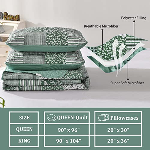 Mybedsoul Sage Green Boho King Quilt Set, 3-Piece Reversible Soft Plaid Floral Bedding Set with 2 Pillow Shams - Sage Green King Size Quilt Bedspread Coverlet Set 90"x104" Mybedsoul