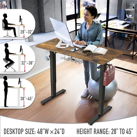 SHW 48-Inch Electric Height Adjustable Standing Desk with Drawer, Memory Preset and Cable Management Tray, Rustic Brown SHW