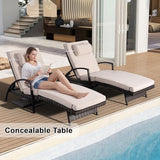 Chaise Lounge Chairs Set of 2, 6-Position Adjustable Outdoor Recliner with Side Table & Wheel,All-Weather PE Rattan Wicker Patio Lounge Chair With Removable Cushion for Poolside Backyard Beach (Beige)