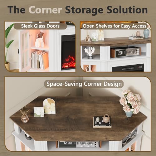 Furmax Fireplace Corner TV Stand for Up to 55 Inch, Modern Console with 18 Inch Electric Fireplace, Entertainment Center with Open Shelf and Storage Cabinets for Living Room (LED Antique White) Furmax