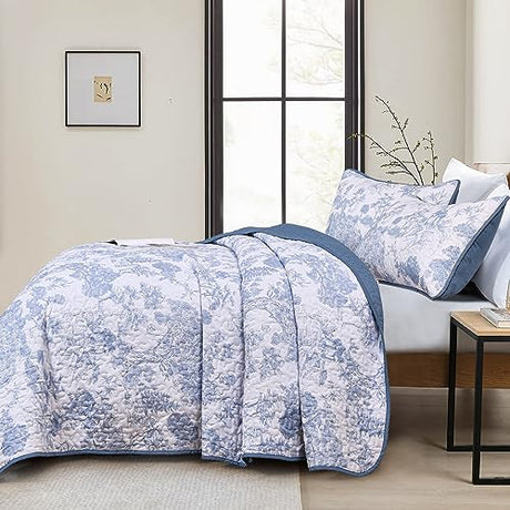 WONGS BEDDING Blue Quilt Set Queen Size, 3 Pieces Botanical Bedspreads Set Lightweight Microfiber Blue Toile Plants Pattern Coverlet Home Decor for All Seasons(96"×90") WONGS BEDDING