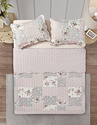 Brilliant Sunshine Rose and Sage Quilt Set, 3-Piece Bedding Sets, Traditional Patchwork Design, Washable and Reversible Bedspread, Soft Lightweight Coverlet, All-Season, Full/Queen, Light Pink Green Brilliant Sunshine