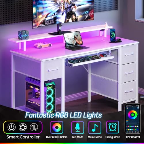 Seventable White Computer Desk with Drawers, Gaming Desk with Keyboard Tray, Office Desk with LED Lights & Power Outlets, 47 inch Writing Desk with Monitor Stand for Small Space Seventable