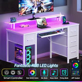 Seventable White Computer Desk with Drawers, Gaming Desk with Keyboard Tray, Office Desk with LED Lights & Power Outlets, 47 inch Writing Desk with Monitor Stand for Small Space Seventable