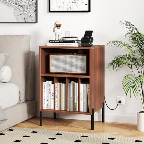 GOFLAME Record Player Stand with Charging Station, Turntable Stand Holds Up to 150 Albums, Vinyl Record Holder with 5 Storage Compartments and Metal Legs for Living Room Bedroom Office, Walnut GOFLAME