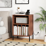 GOFLAME Record Player Stand with Charging Station, Turntable Stand Holds Up to 150 Albums, Vinyl Record Holder with 5 Storage Compartments and Metal Legs for Living Room Bedroom Office, Walnut GOFLAME