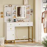 VIAGDO Vanity Desk with Mirror and Lights, Makeup Vanity with Drawers and Charging Station, Vanity Table with Shelves, Cabinet, Hidden Space for Bedroom, White VIAGDO