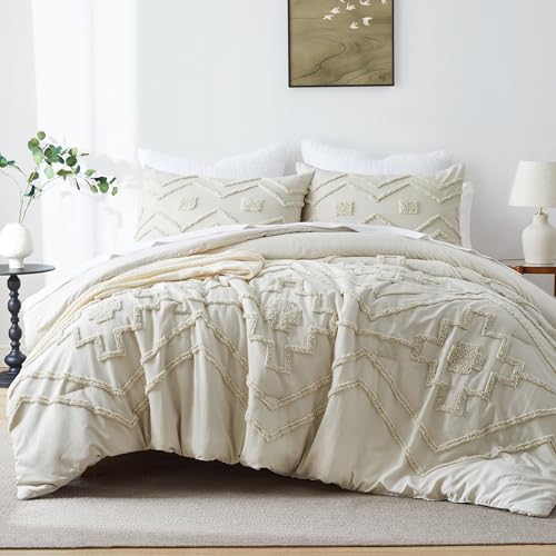 Oli Anderson Boho Tufted Comforter Set Queen Size, 3 Pcs Soft Jacquard Bedding Set for All Seasons, Shabby Chic Farmhouse Bedding Set with Comforters for All Seasons (Beige, Queen) Oli Anderson