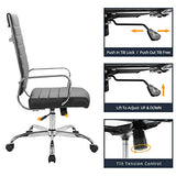 LANDSUN Home Office Chair Ribbed Leather High Back Executive Swivel Computer Desk Chairs with Wheels and Armrests Soft Padded Adjustable Height Modern Conference Task Black LANDSUN