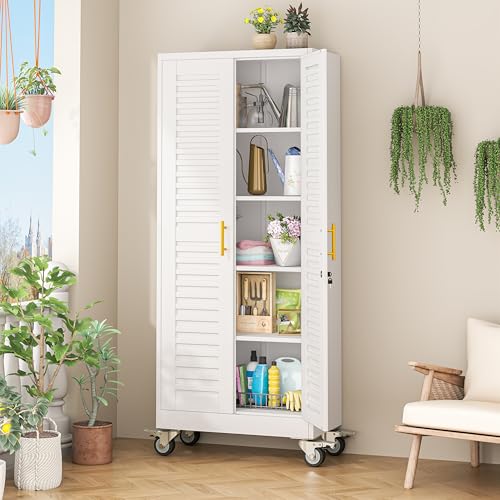 Tokawa 71’’H Metal Garage Storage Cabinet with Wheels, Metal Storage Cabinet with Louvered Doors, Rolling Tool Cabinet with Adjustable Shelves, Large Utility Cabinet for Office,Garage,Kitchen（White） Tokawa