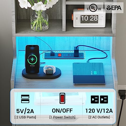 Stylish ADORNEVE Tall Night Stand with LED Lights, Charging Station, and Storage Drawers in Grey ADORNEVE