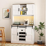 72" Kitchen Pantry with Wine Bar, LED Pantry Cabinet with 2 Sliding Doors & Open Shelf, Versatile Cupboard with 2 Doors & Charging Port for Living Room, Kitchen, Apartment, White AFANLAX